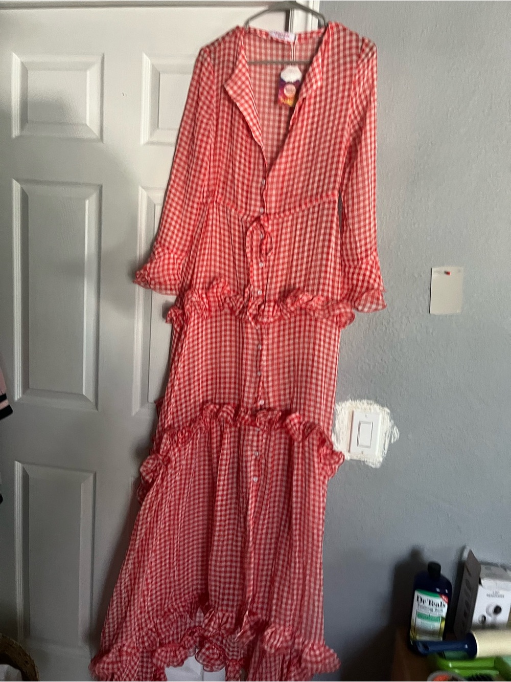 Gingham Ruffle Maxi Dress in Red
